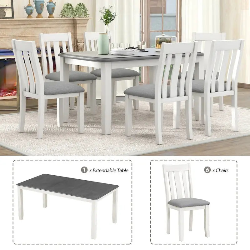Juego de mesa de comedor extensible marrón/blanco y marrón antiguo/blanco+gris, con capacidad para 8 personas, 7 piezas