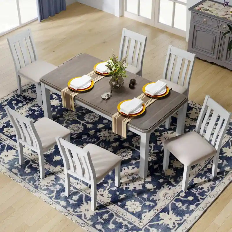 Juego de mesa de comedor extensible marrón/blanco y marrón antiguo/blanco+gris, con capacidad para 8 personas, 7 piezas