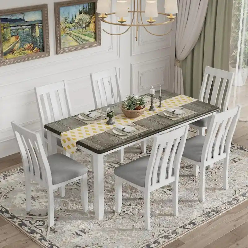 Juego de mesa de comedor extensible marrón/blanco y marrón antiguo/blanco+gris, con capacidad para 8 personas, 7 piezas