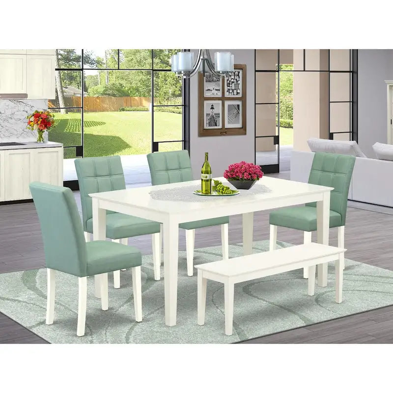Juego de comedor rectangular blanco lino y verde sauce, 5/6/7 personas