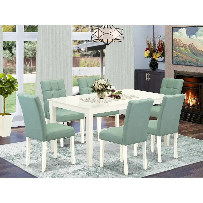 Juego de comedor rectangular blanco lino y verde sauce, 5/6/7 personas