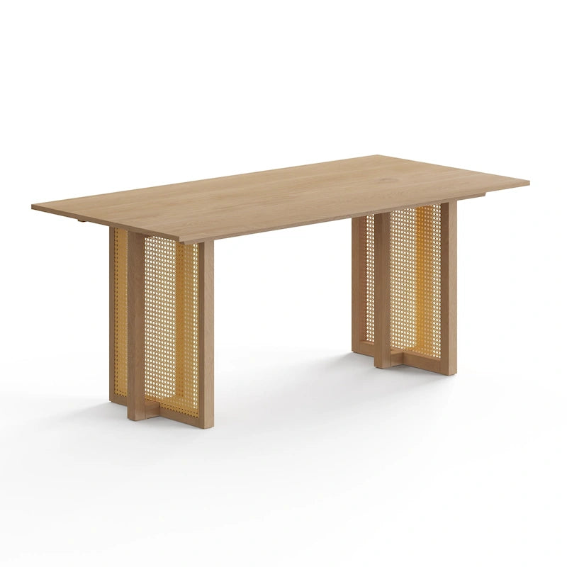 Mesa de comedor rectangular de negro / nogal / roble con base de caña, 6 plazas