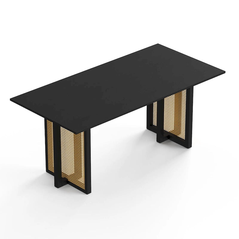 Mesa de comedor rectangular de negro / nogal / roble con base de caña, 6 plazas