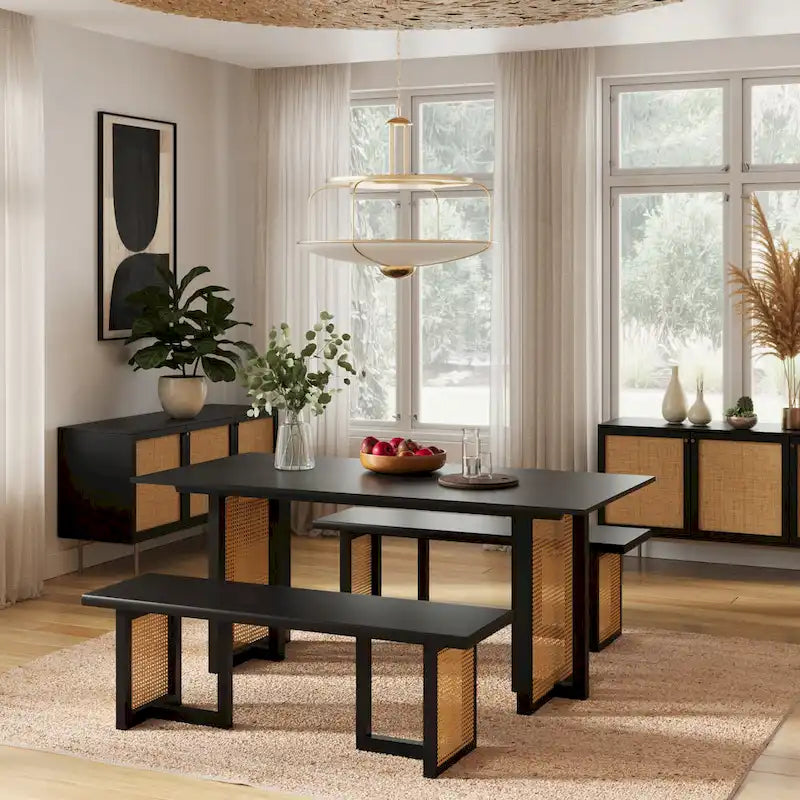 Mesa de comedor rectangular de negro / nogal / roble con base de caña, 6 plazas