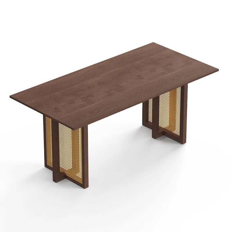 Mesa de comedor rectangular de negro / nogal / roble con base de caña, 6 plazas