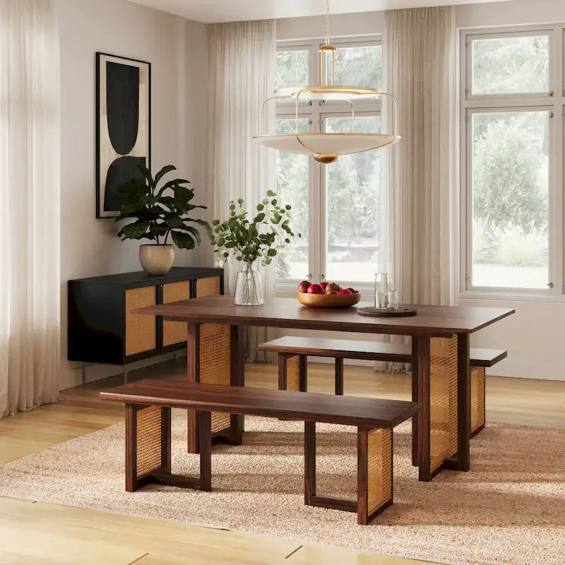 Mesa de comedor rectangular de negro / nogal / roble con base de caña, 6 plazas
