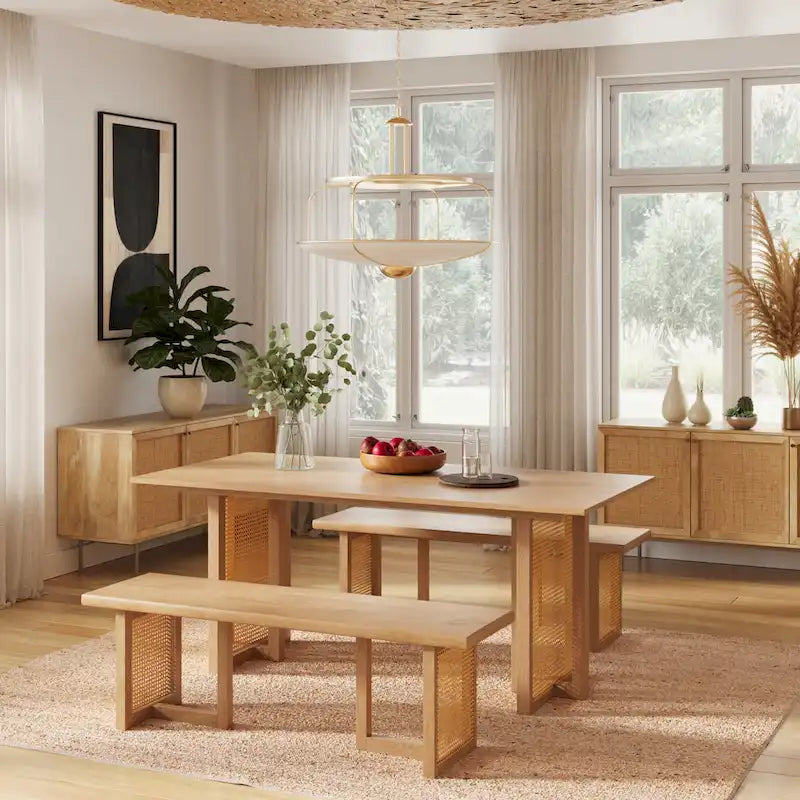 Mesa de comedor rectangular de negro / nogal / roble con base de caña, 6 plazas