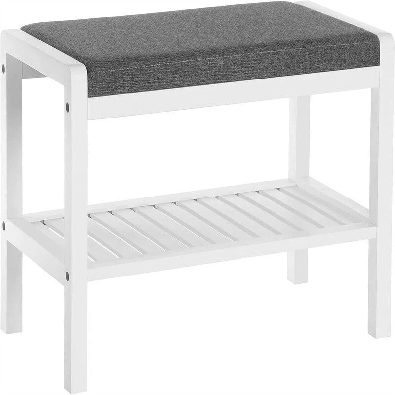 Banco de entrada tapizado marrón/blanco con estante para zapatos, 1 persona