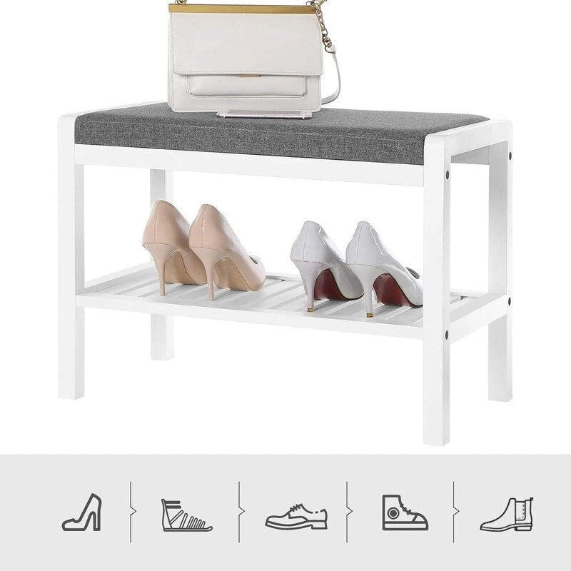 Banco de entrada tapizado marrón/blanco con estante para zapatos, 1 persona