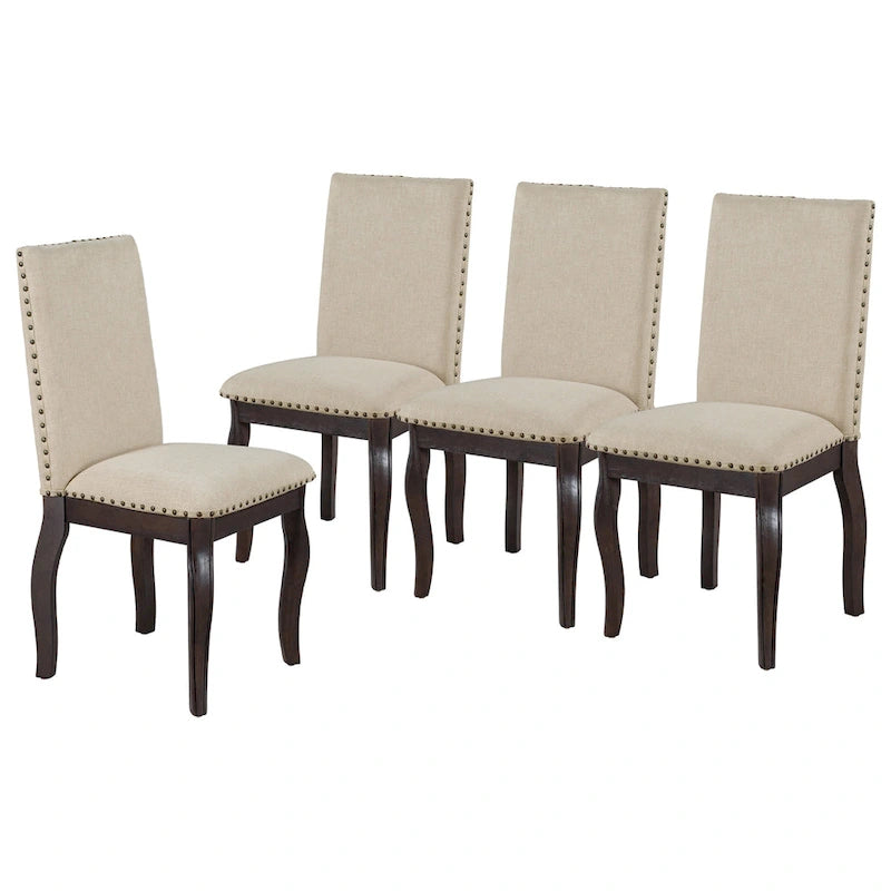 Sillas de comedor tapizadas espresso/natural con ribete de tachuelas, juego de 4