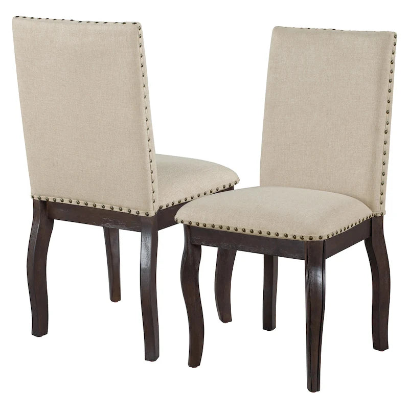Sillas de comedor tapizadas espresso/natural con ribete de tachuelas, juego de 4