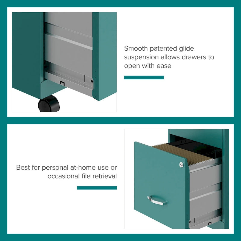 Archivador metálico móvil de 2 cajones con cerradura, verde/azul/blanco/plateado, 1 persona