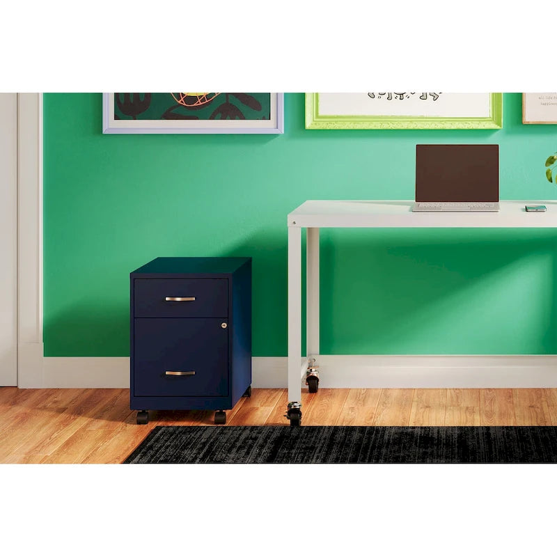 Archivador metálico móvil de 2 cajones con cerradura, verde/azul/blanco/plateado, 1 persona