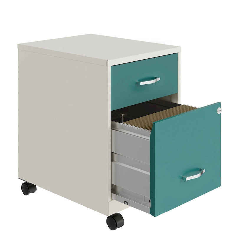 Archivador metálico móvil de 2 cajones con cerradura, verde/azul/blanco/plateado, 1 persona