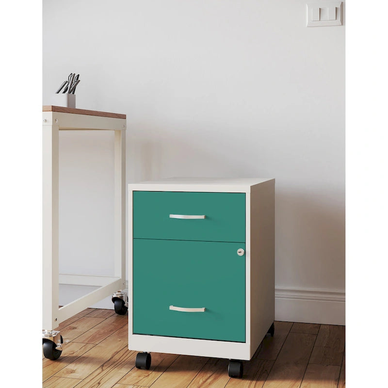 Archivador metálico móvil de 2 cajones con cerradura, verde/azul/blanco/plateado, 1 persona