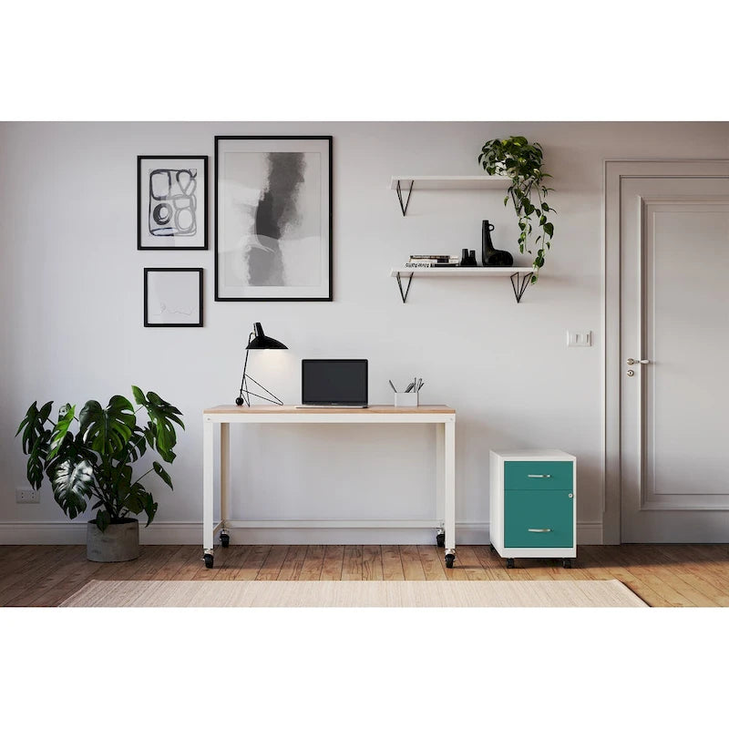 Archivador metálico móvil de 2 cajones con cerradura, verde/azul/blanco/plateado, 1 persona