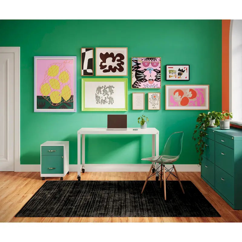 Archivador metálico móvil de 2 cajones con cerradura, verde/azul/blanco/plateado, 1 persona