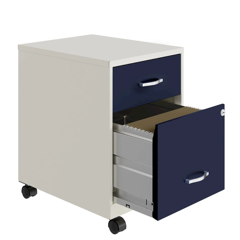 Archivador metálico móvil de 2 cajones con cerradura, verde/azul/blanco/plateado, 1 persona