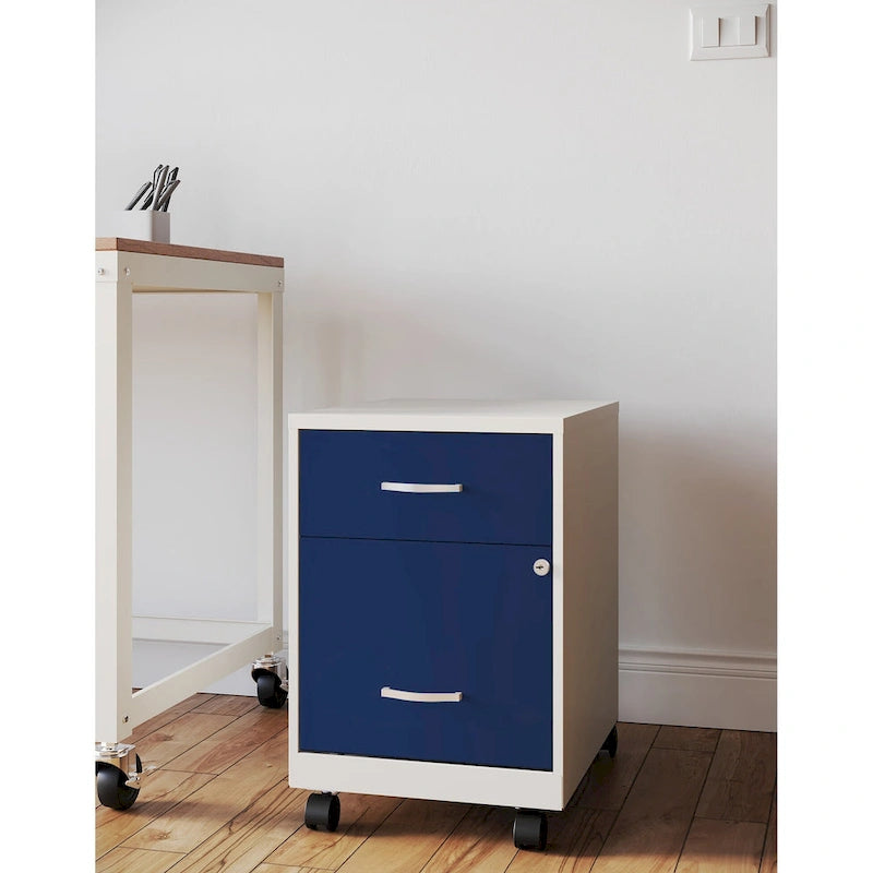 Archivador metálico móvil de 2 cajones con cerradura, verde/azul/blanco/plateado, 1 persona