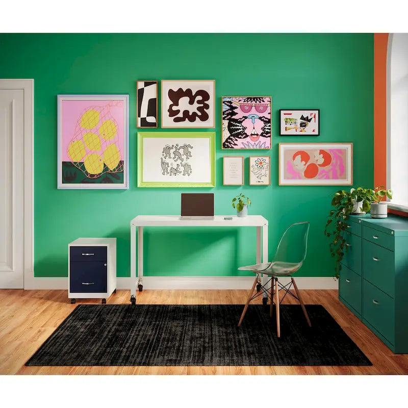 Archivador metálico móvil de 2 cajones con cerradura, verde/azul/blanco/plateado, 1 persona