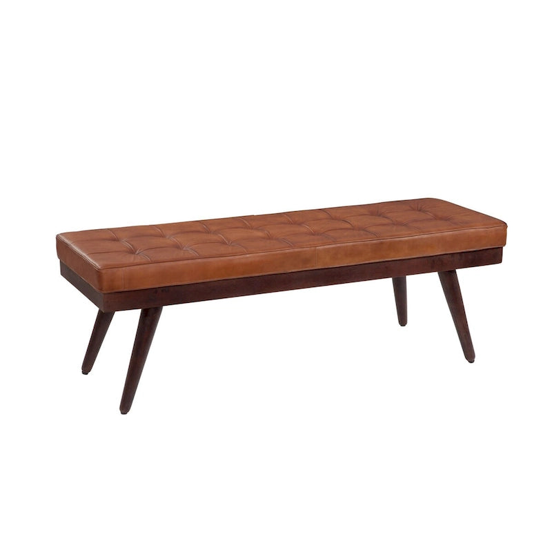 Banco decorativo tapizado en cuero capitoné marrón con patas de madera, 2 plazas