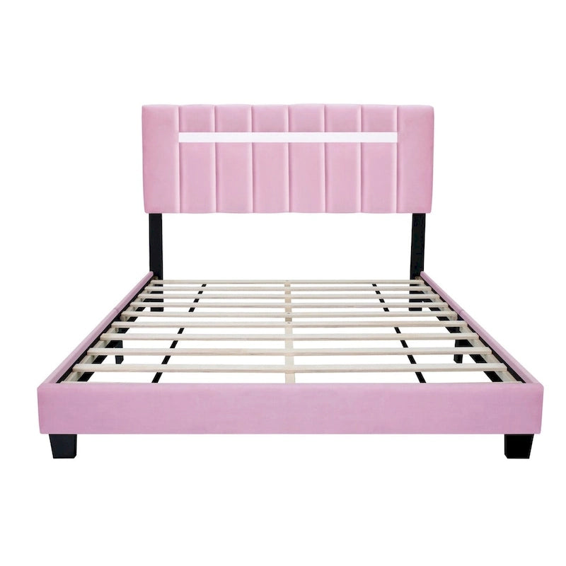 Estructura de cama Queen tapizada en terciopelo, Negro / Rosa / Verde, Cabecero con canales verticales, Se adapta a 1