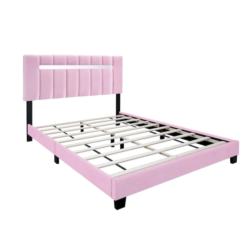 Estructura de cama Queen tapizada en terciopelo, Negro / Rosa / Verde, Cabecero con canales verticales, Se adapta a 1