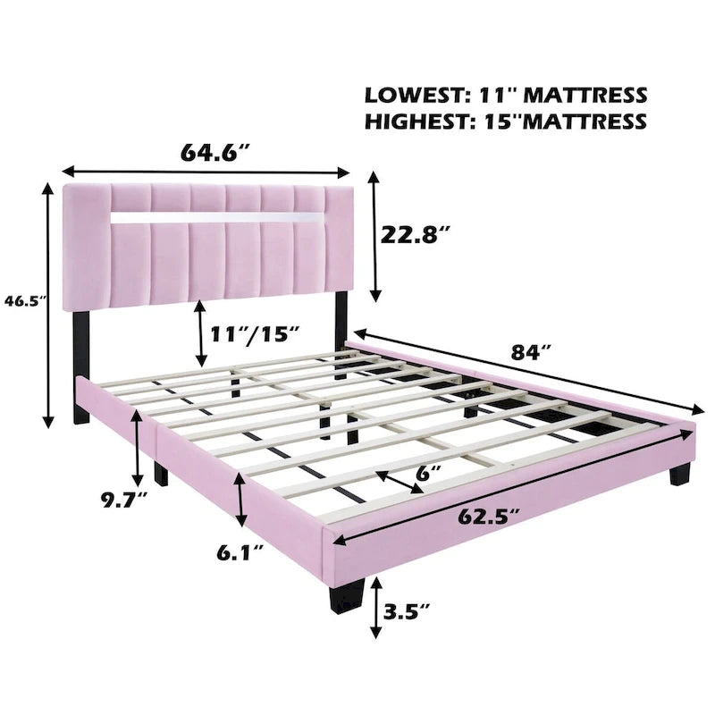 Estructura de cama Queen tapizada en terciopelo, Negro / Rosa / Verde, Cabecero con canales verticales, Se adapta a 1