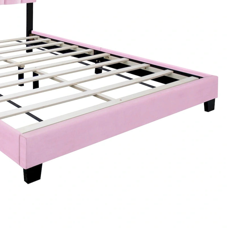 Estructura de cama Queen tapizada en terciopelo, Negro / Rosa / Verde, Cabecero con canales verticales, Se adapta a 1