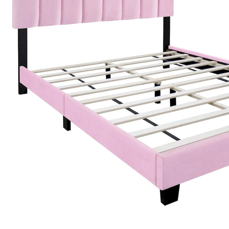 Estructura de cama Queen tapizada en terciopelo, Negro / Rosa / Verde, Cabecero con canales verticales, Se adapta a 1