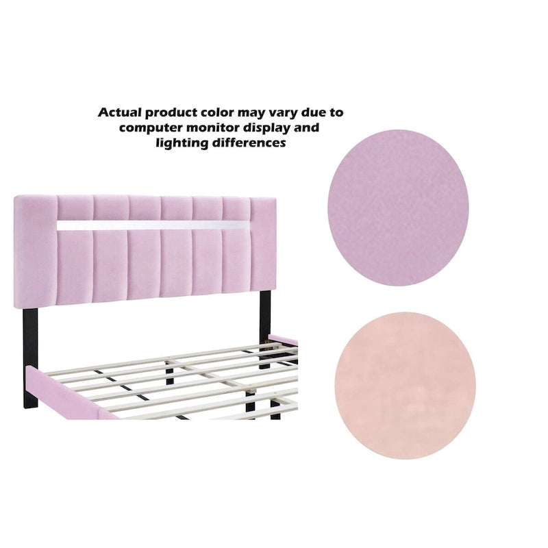 Estructura de cama Queen tapizada en terciopelo, Negro / Rosa / Verde, Cabecero con canales verticales, Se adapta a 1