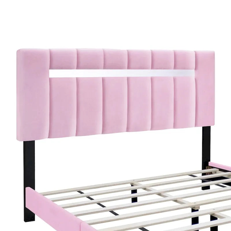 Estructura de cama Queen tapizada en terciopelo, Negro / Rosa / Verde, Cabecero con canales verticales, Se adapta a 1