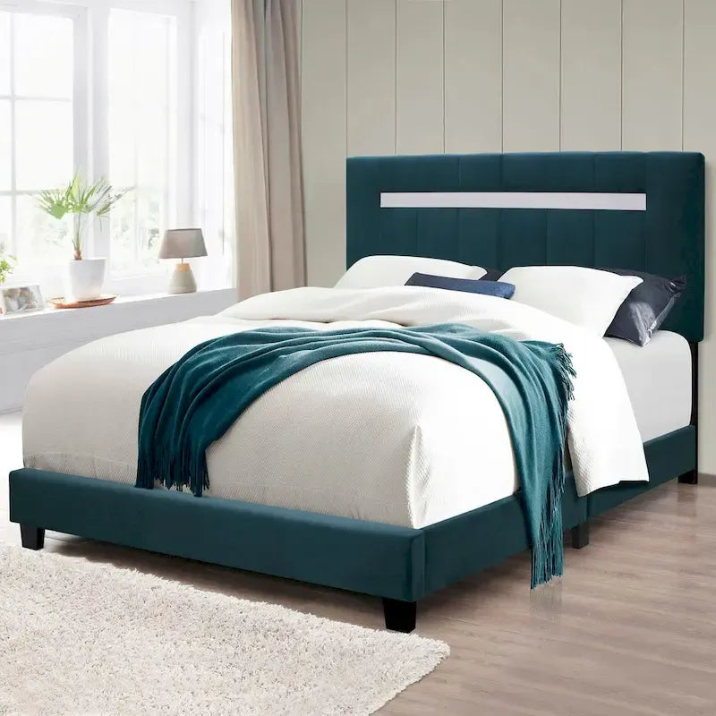 Estructura de cama Queen tapizada en terciopelo, Negro / Rosa / Verde, Cabecero con canales verticales, Se adapta a 1