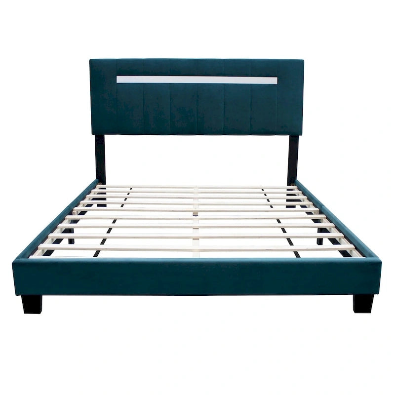 Estructura de cama Queen tapizada en terciopelo, Negro / Rosa / Verde, Cabecero con canales verticales, Se adapta a 1