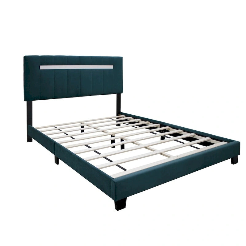 Estructura de cama Queen tapizada en terciopelo, Negro / Rosa / Verde, Cabecero con canales verticales, Se adapta a 1