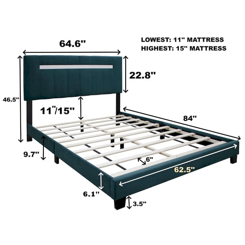 Estructura de cama Queen tapizada en terciopelo, Negro / Rosa / Verde, Cabecero con canales verticales, Se adapta a 1