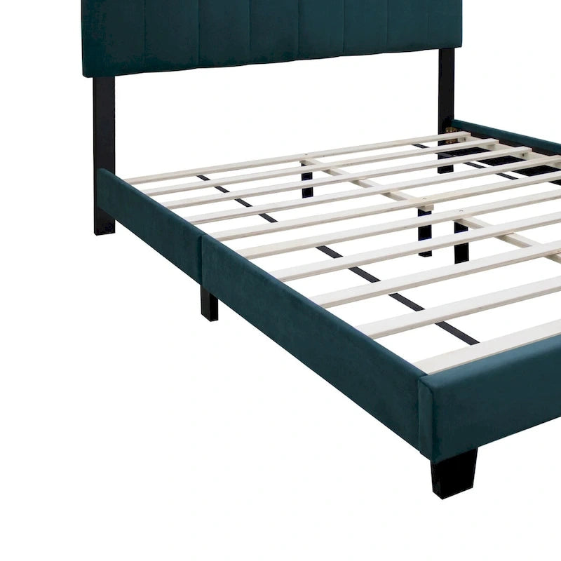 Estructura de cama Queen tapizada en terciopelo, Negro / Rosa / Verde, Cabecero con canales verticales, Se adapta a 1