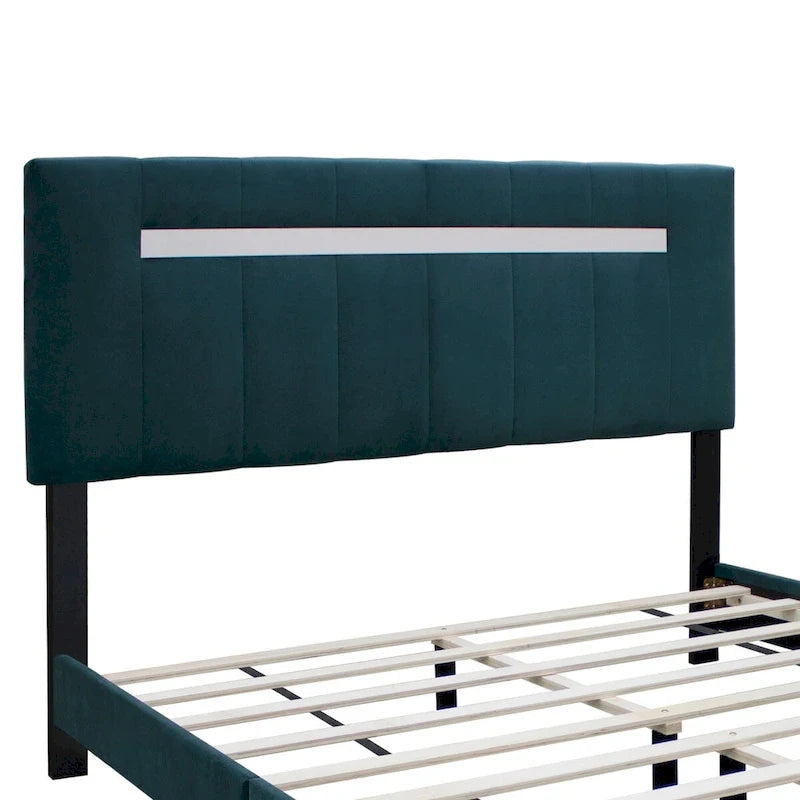 Estructura de cama Queen tapizada en terciopelo, Negro / Rosa / Verde, Cabecero con canales verticales, Se adapta a 1
