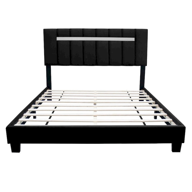 Estructura de cama Queen tapizada en terciopelo, Negro / Rosa / Verde, Cabecero con canales verticales, Se adapta a 1