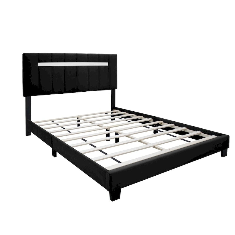 Estructura de cama Queen tapizada en terciopelo, Negro / Rosa / Verde, Cabecero con canales verticales, Se adapta a 1