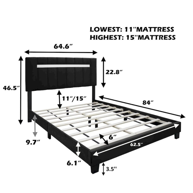 Estructura de cama Queen tapizada en terciopelo, Negro / Rosa / Verde, Cabecero con canales verticales, Se adapta a 1