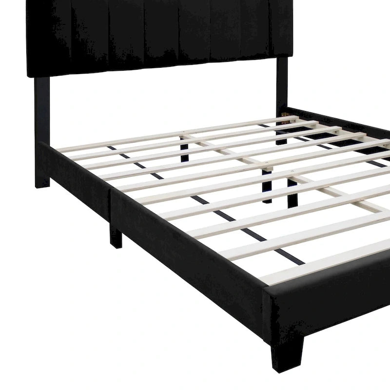 Estructura de cama Queen tapizada en terciopelo, Negro / Rosa / Verde, Cabecero con canales verticales, Se adapta a 1