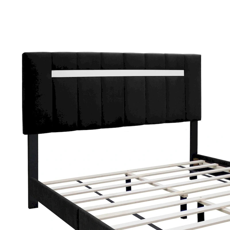 Estructura de cama Queen tapizada en terciopelo, Negro / Rosa / Verde, Cabecero con canales verticales, Se adapta a 1