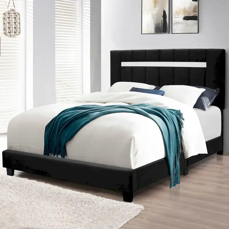 Estructura de cama Queen tapizada en terciopelo, Negro / Rosa / Verde, Cabecero con canales verticales, Se adapta a 1