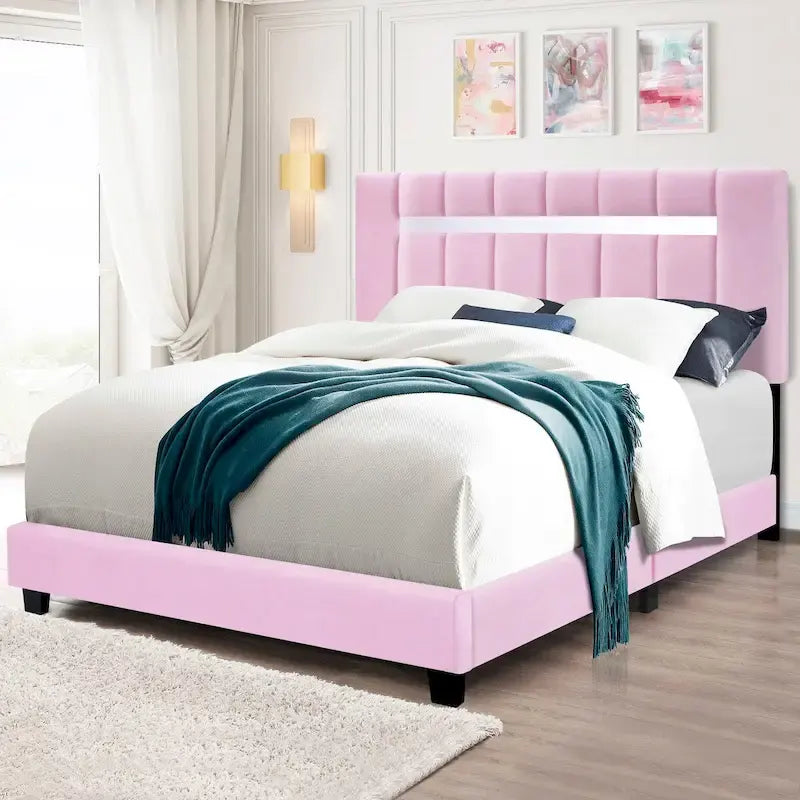 Estructura de cama Queen tapizada en terciopelo, Negro / Rosa / Verde, Cabecero con canales verticales, Se adapta a 1