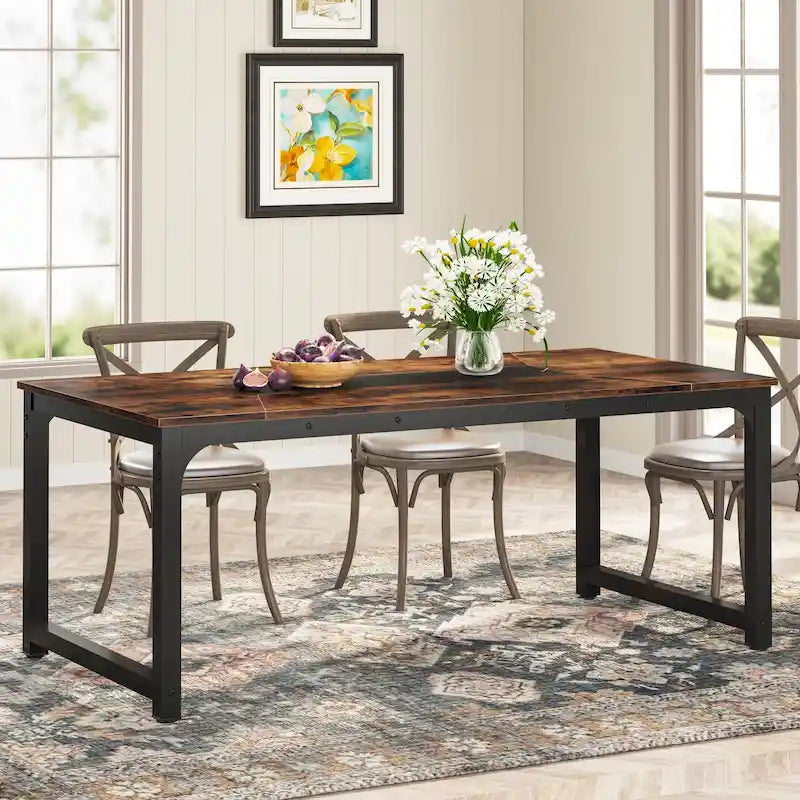 Mesa de comedor rectangular extensible rústica marrón/blanco, para 6-8 personas