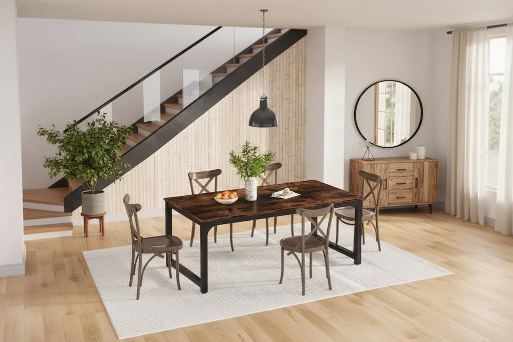 Mesa de comedor rectangular extensible rústica marrón/blanco, para 6-8 personas