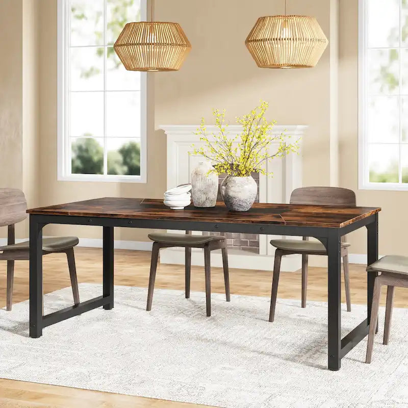 Mesa de comedor rectangular extensible rústica marrón/blanco, para 6-8 personas