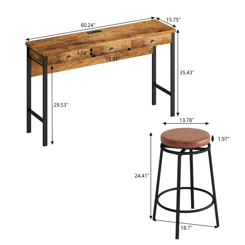 Juego de comedor de 3 cajones en marrón/negro con 3 taburetes giratorios de PU, para 4 personas