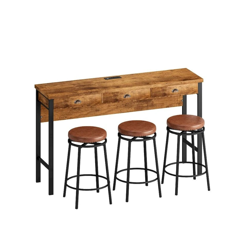 Juego de comedor de 3 cajones en marrón/negro con 3 taburetes giratorios de PU, para 4 personas